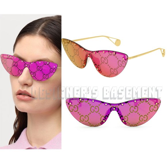 GUCCI gold & pink brown GG Mirror Cat-Eye GG0666S 003 Mask Sunglasses New inCas